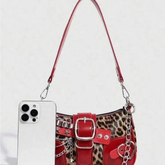 Red Leopard-Accent Shoulder Bag with Buckle & Charm - Picture 5 of 5